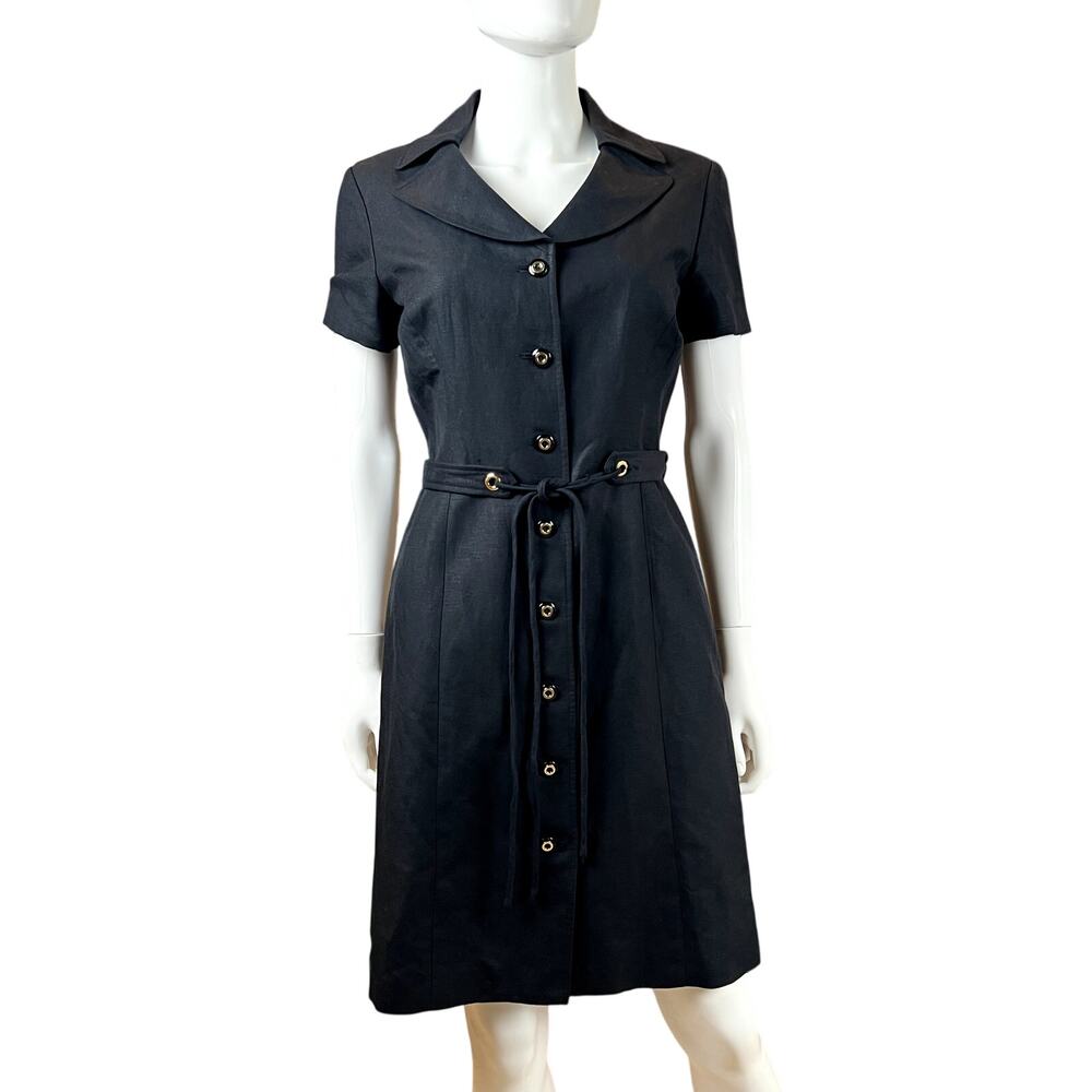 Alex Marie Black Linen Blend Button Front Shirt Dress Tie Waist Petite 6P
